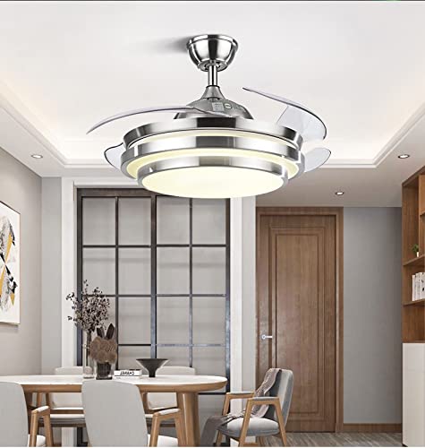 Fandian 42" Modern Ceiling Light with Fans Remote Control, 4 Retractable Blades with 3 Light Color Change Ceiling Fan for Living Bedroom Restaurant, Silver Color with Silent Motor (42In-1)