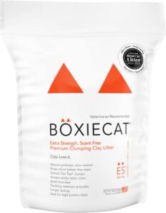boxiecat extra strength premium clumping cat litter – clay formula – scent free multicat – ultra clean litter box, probiotic powered odor control, hard clumping litter, 99.9% dust free
