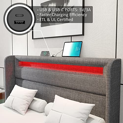 AMERLIFE Queen Bed Frame with RGBW LED Lights Headboard & 4 Storage Drawers, Upholstered Smart Platform Bed with USB & USB-C Ports, Box Spring Optional, Light Grey