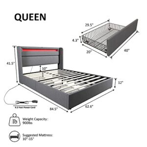 AMERLIFE Queen Bed Frame with RGBW LED Lights Headboard & 4 Storage Drawers, Upholstered Smart Platform Bed with USB & USB-C Ports, Box Spring Optional, Light Grey