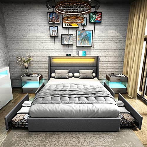 AMERLIFE Queen Bed Frame with RGBW LED Lights Headboard & 4 Storage Drawers, Upholstered Smart Platform Bed with USB & USB-C Ports, Box Spring Optional, Light Grey