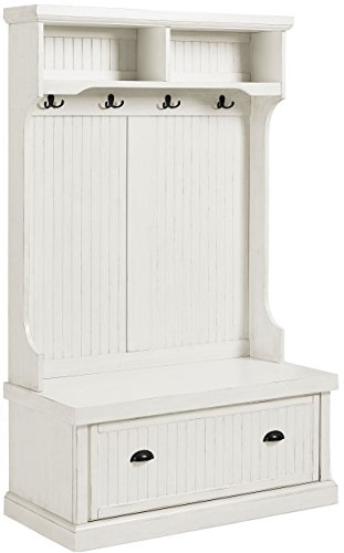 Crosley Furniture Seaside Hall Tree, Entryway Bench with Coat Rack and Shoe Cabinet, Distressed White