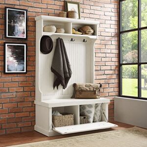 Crosley Furniture Seaside Hall Tree, Entryway Bench with Coat Rack and Shoe Cabinet, Distressed White