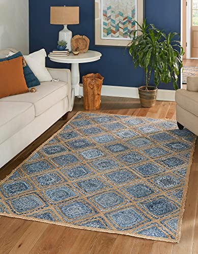 Unique Loom Braided Jute Collection Classic Quality Made Natural Hand Woven with Geometric Design Area Rug (9' 0 x 12' 0 Rectangular, Blue/ Natural)