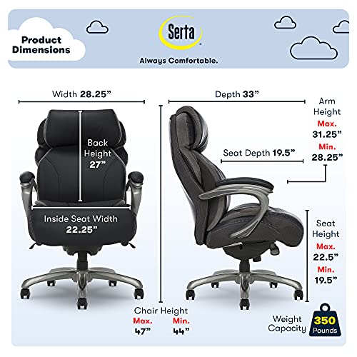 Serta Big and Tall Executive Office Chair with AIR Technology and Smart Layers Premium Elite Foam, Supports up to 350 Pounds, Bonded Leather, Black