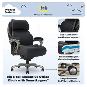 Serta Big and Tall Executive Office Chair with AIR Technology and Smart Layers Premium Elite Foam, Supports up to 350 Pounds, Bonded Leather, Black