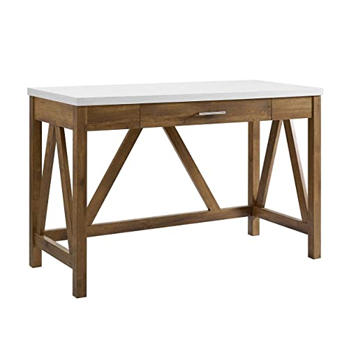 Walker Edison Rustic Farmhouse Wood Computer Writing Desk Home Office Workstation Small, 46 Inch, Marble and Walnut