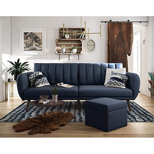 Novogratz Brittany Sofa Futon, Premium Linen Upholstery and Wooden Legs, Blue Linen