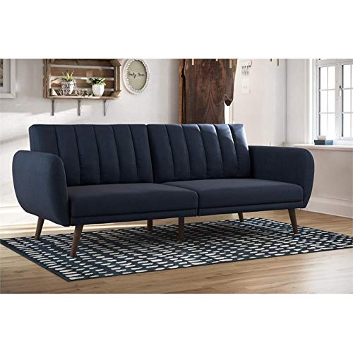 Novogratz Brittany Sofa Futon, Premium Linen Upholstery and Wooden Legs, Blue Linen