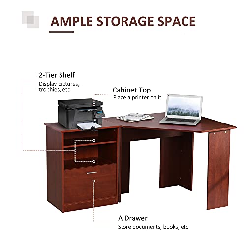 HOMCOM Computer Desk with Printer Cabinet, L-Shaped Corner Desk with Storage, Study PC Workstation for Home Office, Cherry