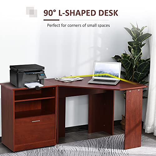 HOMCOM Computer Desk with Printer Cabinet, L-Shaped Corner Desk with Storage, Study PC Workstation for Home Office, Cherry