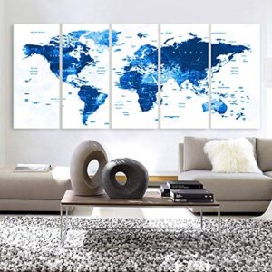 Original by BoxColors XLARGE 30"x 70" 5 Panels 30"x14" Ea Art Canvas Print Watercolor Map World Countries Cities Push Pin Travel Royal blue Wall decor Home interior (framed 1.5" depth)