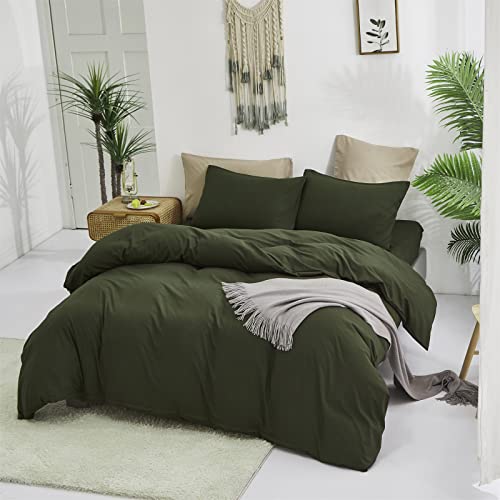 Luxlovery Army Green Comforter Set Queen Olive Green Bedding Comforter Set Full Dark Blackish Green Minimalist Bedding Set Soft Breathable Blanket Quilts Modern Boho Green Comforter Set