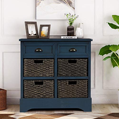 Harper & Bright Designs Accent Storage Cabinet, Rustic Storage Cabinet with 2 Drawers and 4 Classic Fabric Basket for Kitchen/Dining Room/Entryway/Living Room, Antique Navy