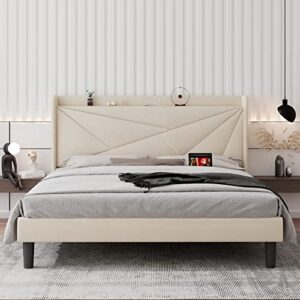 ipormis king size upholstered platform bed frame with storage shelf and type c & usb ports, geometric bed frame with wingback headboard, wood slats, noise-free, no box spring needed, beige