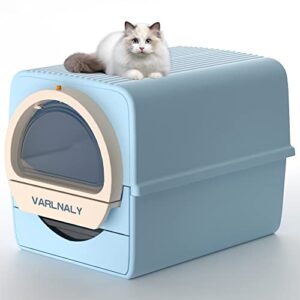 varlnaly 3.0 large self-cleaning cat litter box, pull-out non-electric automatic cat litter box with lid(24pcs trash box), one-piece base prevents urine＆litter leakage, enclosed isolates odor (blue)