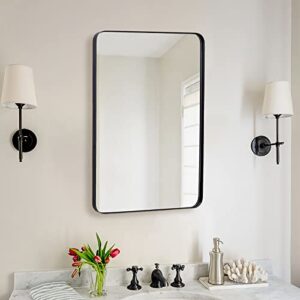 andy star wall mirror for bathroom, mirror for wall with black metal frame 22″ x 30″, decorative wall mirrors for living room,bedroom, glass panel rounded corner hangs horizontal or vertical
