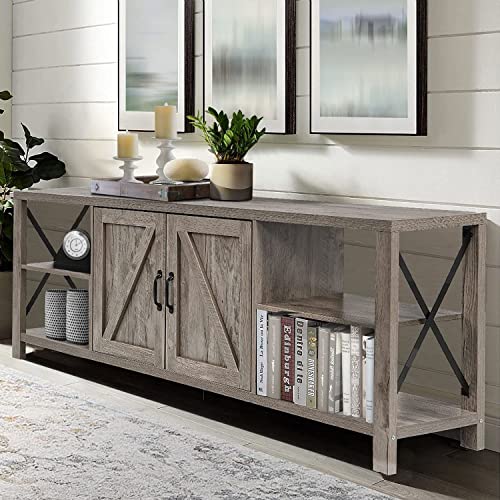 70 Inch TV Stand for 75 Inch TV Entertainment Center Farmhouse, Modern Barn Door TV Console Table with Storage Cabinets and Shelves for TVs Up to 75", Rustic Gray Wash