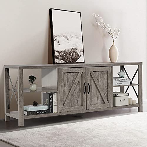 70 Inch TV Stand for 75 Inch TV Entertainment Center Farmhouse, Modern Barn Door TV Console Table with Storage Cabinets and Shelves for TVs Up to 75", Rustic Gray Wash