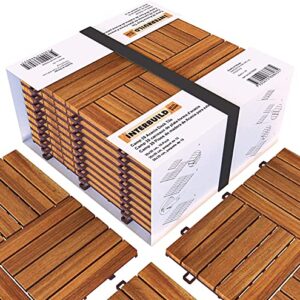 Interbuild Acacia Hardwood Interlocking Patio Deck Tiles, 12" × 12" (Pack of 10), Easy to Install Floor Tile for Both Indoor & Outdoor Use - Golden Teak