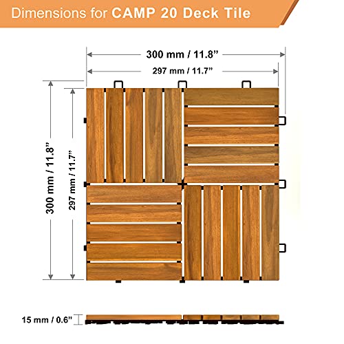 Interbuild Acacia Hardwood Interlocking Patio Deck Tiles, 12" × 12" (Pack of 10), Easy to Install Floor Tile for Both Indoor & Outdoor Use - Golden Teak