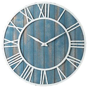 36″ coastal wall clock – metal & solid wood noiseless weathered beach blue wall clock