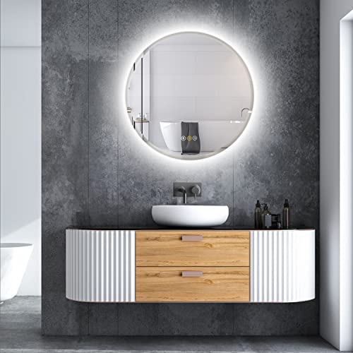 HBEZON 24 Inch Round LED Vanity Mirror with Back-Light, Anti-Fog, Brightness Memory Function, Shatter-Proof, Wall Mounted Mirror with Adjustable 3 Colors