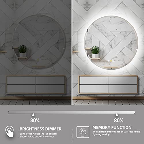 HBEZON 24 Inch Round LED Vanity Mirror with Back-Light, Anti-Fog, Brightness Memory Function, Shatter-Proof, Wall Mounted Mirror with Adjustable 3 Colors