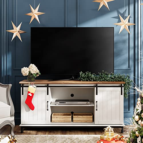 WAMPAT Farmhouse Sliding Barn Door TV Stand for TVs Up to 65" with Furniture Safety Straps, Mordern Entertainment Center with Storage Cabinet, Adjustable Shelves Hard Metal Legs, 58 inch