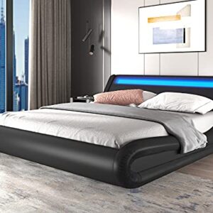 SHA CERLIN Upholstered Modern Bed Frame with LED Headboard/Mattress Foundation/No Box Spring Needed/Strong Wood Slats Support/Easy Assemble, Black, Queen Size