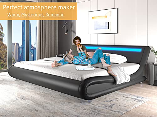 SHA CERLIN Upholstered Modern Bed Frame with LED Headboard/Mattress Foundation/No Box Spring Needed/Strong Wood Slats Support/Easy Assemble, Black, Queen Size