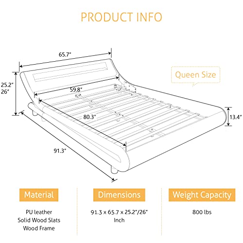 SHA CERLIN Upholstered Modern Bed Frame with LED Headboard/Mattress Foundation/No Box Spring Needed/Strong Wood Slats Support/Easy Assemble, Black, Queen Size