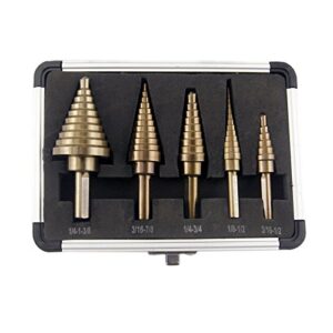 co-z step drill bits, hss 5pcs titanium step drill bit set, 50 sizes in 5 high speed steel unibit drill bits set for sheet metal with aluminum case, multiple hole stepped up bits for diy lovers