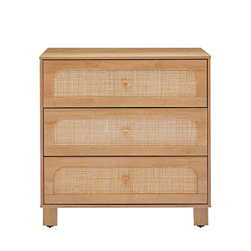 GANLLY 3 Drawer Dresser,Rattan Dresser for Bedroom, Mid-Century Modern Nightstands Organizer Dresser for Closet Hallway,Entryway,Living Room Natural Brown