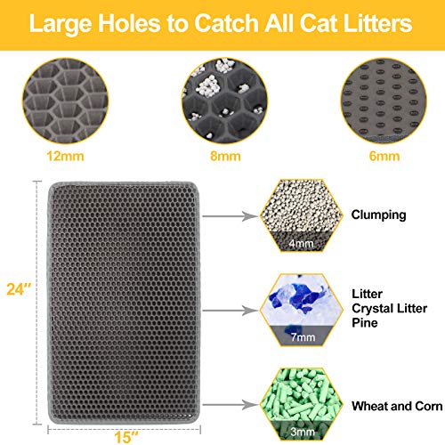 LeToo Cat Litter Mat Grey Trapping for Litter Box, No-Toxic & Large, Urine & Waterproof, Honeycomb Double Layer Anti Tracking Kitty Mats, No Phthalate, Washable Easy Clean (24" x 15", Grey)