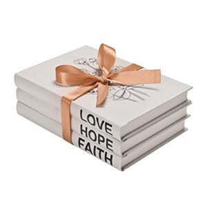 fashion decorative books for home decor, rustic farmhouse display hardcover quote decor faux books for modern decor, white decoration fake book stack, faith | hope | love stacked books for coffee tables and bookshelf