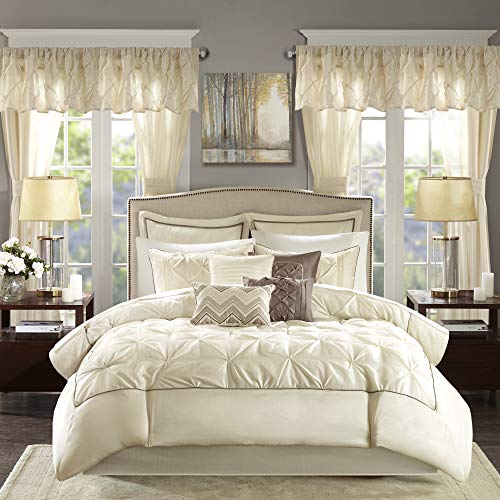 Madison Park Essentials Room in a Bag Faux Silk Comforter Set - Luxe Diamond Tufting All Season Bedding, Matching Curtains, Decorative Pillows, Ivory Queen(90"x90") 24 Piece