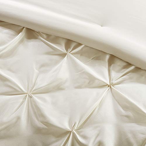 Madison Park Essentials Room in a Bag Faux Silk Comforter Set - Luxe Diamond Tufting All Season Bedding, Matching Curtains, Decorative Pillows, Ivory Queen(90"x90") 24 Piece