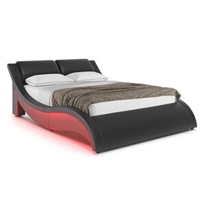 ztozz lyon wave like led bed frame queen size – contemporary modern curved faux leather upholstered platform bed with designer led lights headboard – black color