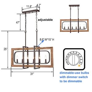 DEYNITE Farmhouse Wood Chandelier for Kitchen Island 6-Light Dining Room Pendant Light Fixtures in Rust & Brown Finish