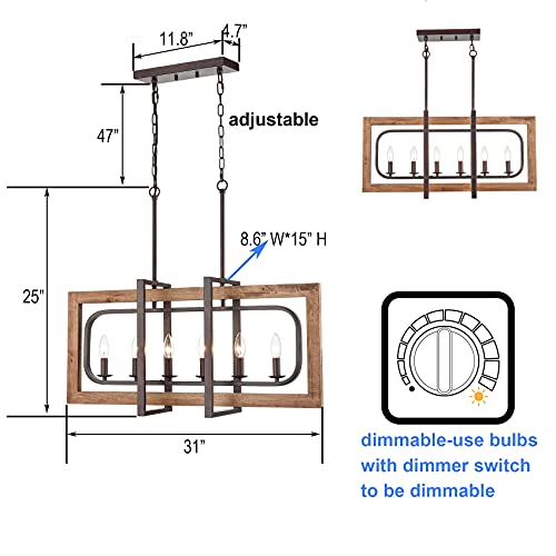 DEYNITE Farmhouse Wood Chandelier for Kitchen Island 6-Light Dining Room Pendant Light Fixtures in Rust & Brown Finish