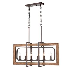 deynite farmhouse wood chandelier for kitchen island 6-light dining room pendant light fixtures in rust & brown finish