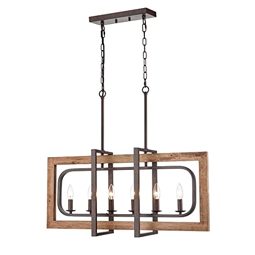 DEYNITE Farmhouse Wood Chandelier for Kitchen Island 6-Light Dining Room Pendant Light Fixtures in Rust & Brown Finish