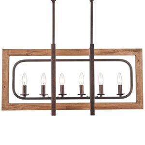 DEYNITE Farmhouse Wood Chandelier for Kitchen Island 6-Light Dining Room Pendant Light Fixtures in Rust & Brown Finish