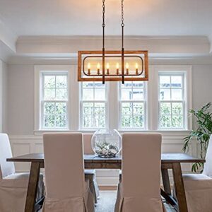 DEYNITE Farmhouse Wood Chandelier for Kitchen Island 6-Light Dining Room Pendant Light Fixtures in Rust & Brown Finish