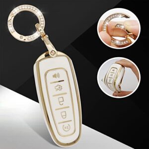 for Ford Key Fob Cover with Metal Keychain, Soft Full Protection Key Case Compatible with Ford C-Max Edge Escape Expedition Explorer Flex Focus Taurus Lincoln MKS MKT MKX Navigator Key Protector White