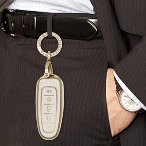 for Ford Key Fob Cover with Metal Keychain, Soft Full Protection Key Case Compatible with Ford C-Max Edge Escape Expedition Explorer Flex Focus Taurus Lincoln MKS MKT MKX Navigator Key Protector White