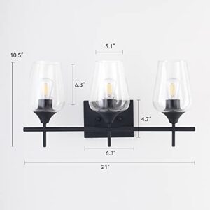 VONLUCE 3-Light Vanity Light in Matt Black Finish, Vintage Farmhouse Mirror Lights with Clear Glass Shade, Modern Industrial Wall Sconce for Bathroom, Bedroom, Hallway, Makeup Dressing Table