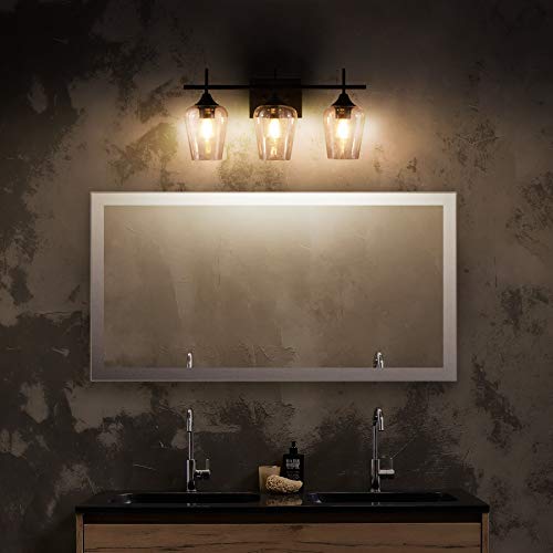 VONLUCE 3-Light Vanity Light in Matt Black Finish, Vintage Farmhouse Mirror Lights with Clear Glass Shade, Modern Industrial Wall Sconce for Bathroom, Bedroom, Hallway, Makeup Dressing Table