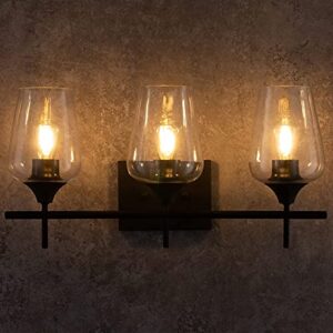 VONLUCE 3-Light Vanity Light in Matt Black Finish, Vintage Farmhouse Mirror Lights with Clear Glass Shade, Modern Industrial Wall Sconce for Bathroom, Bedroom, Hallway, Makeup Dressing Table